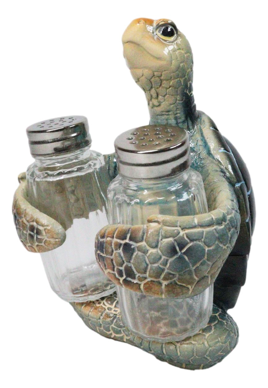 Marine Blue Shell Sea Turtle Hugging Glass Salt Pepper Shakers Holder Figurine