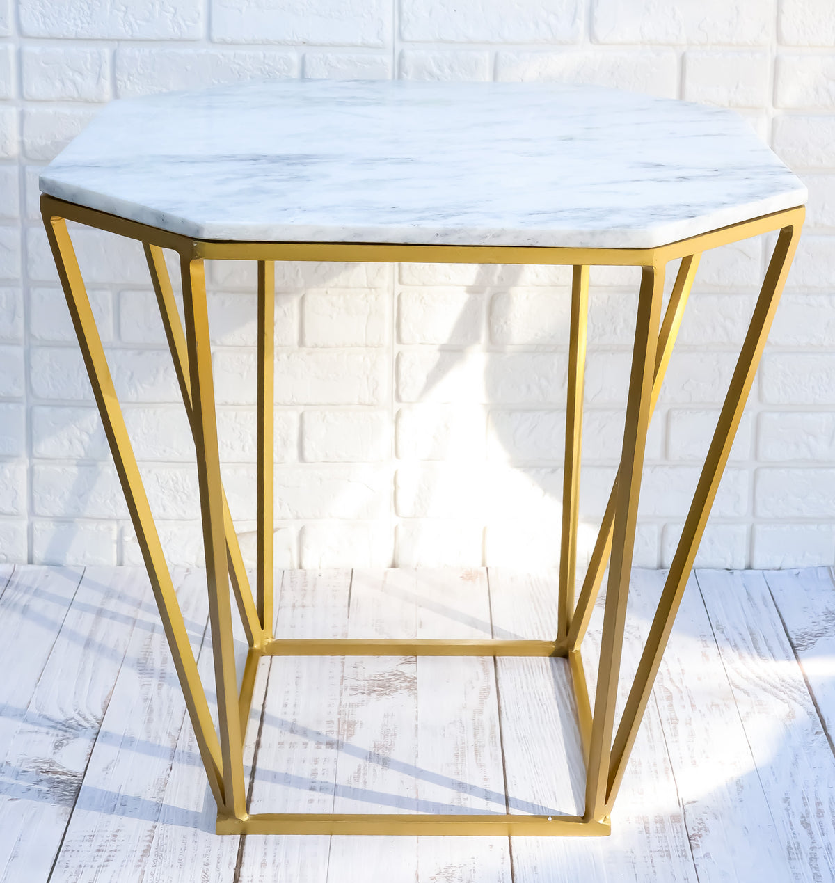 Contemporary Brushed Gold Metal With Natural Marble Top Octagonal Side Table