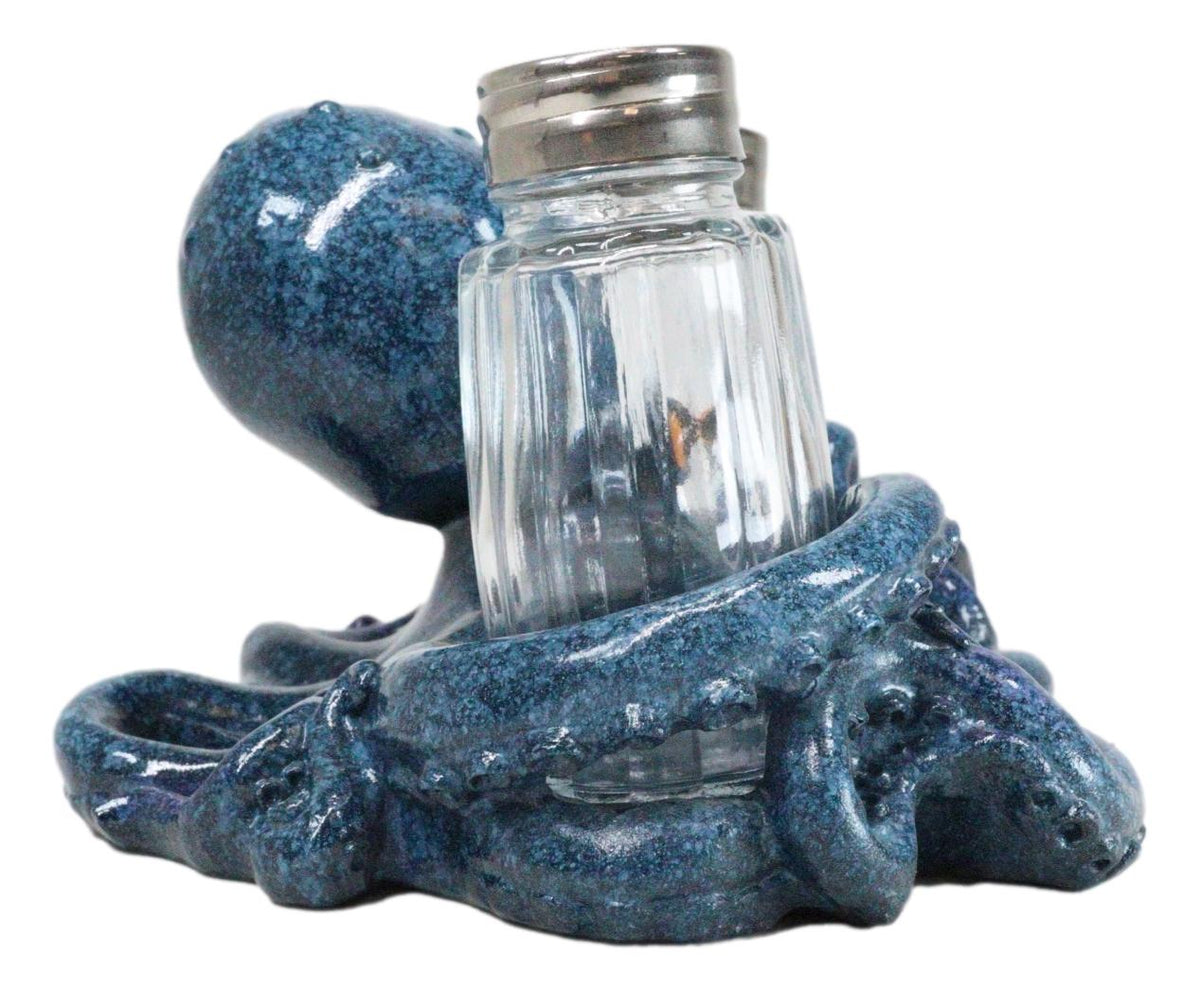 Onyx Blue Nautical Marine Cephalopod Octopus Salt Pepper Shakers Holder Set