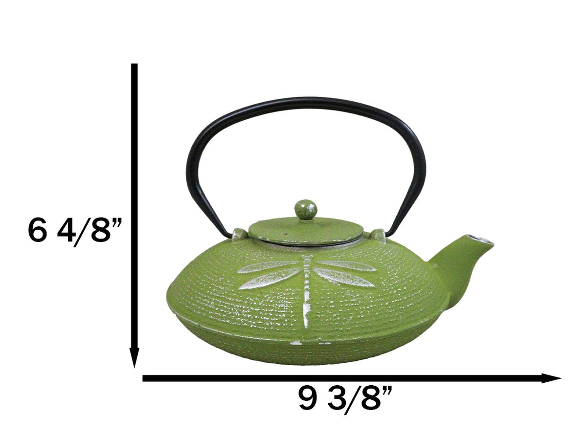 Green Dragonfly Traditional Cast Iron Tetsubin Teapot With Enamel Liner 37oz