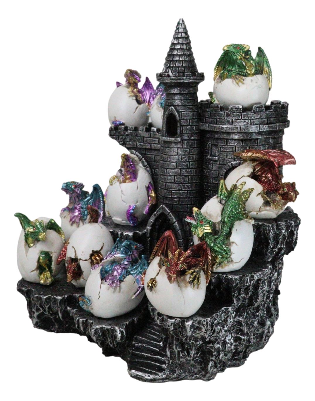 Medieval 12 Mini Dragons In Eggs On Mountain Stonewall Castle Display Stand Set