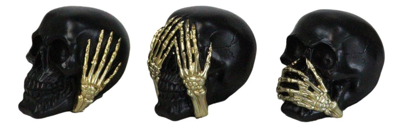 Set Of 3 Gothic Black See Hear Speak No Evil Skulls Golden Hands 3"H Figurines