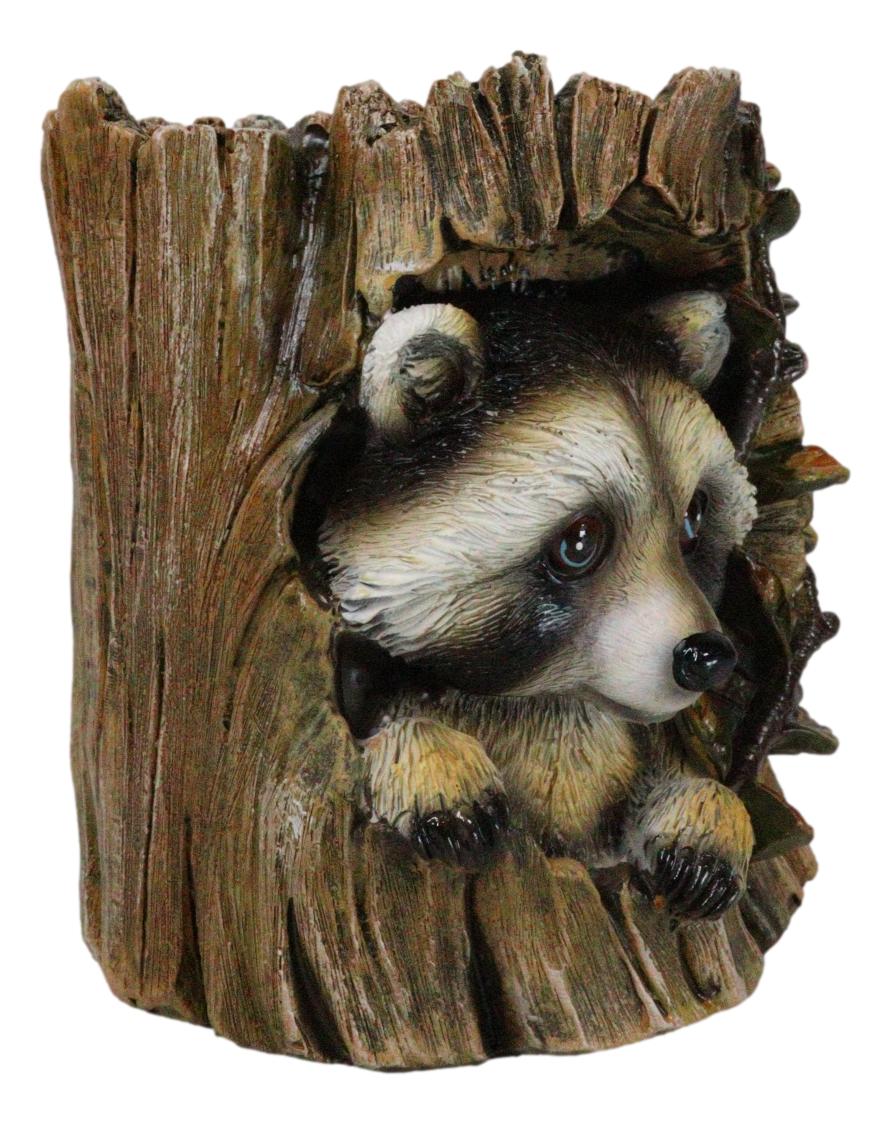 Rustic Western Lifelike Gray Raccoon Hiding In Tree Trunk Decorative Figurine