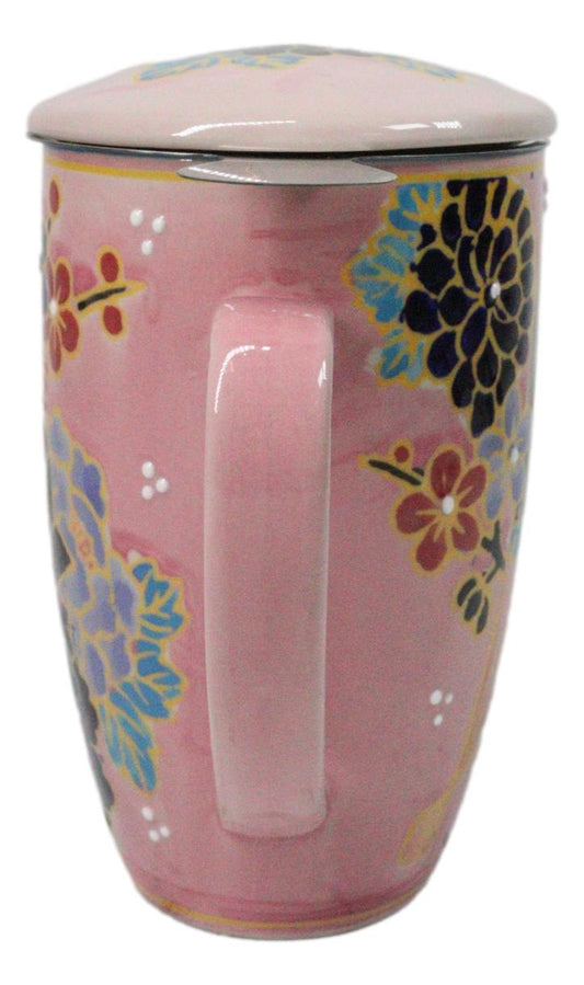Japanese Fan Festival 15oz Porcelain Tea Mug With Lid & Stainless Steel Infuser