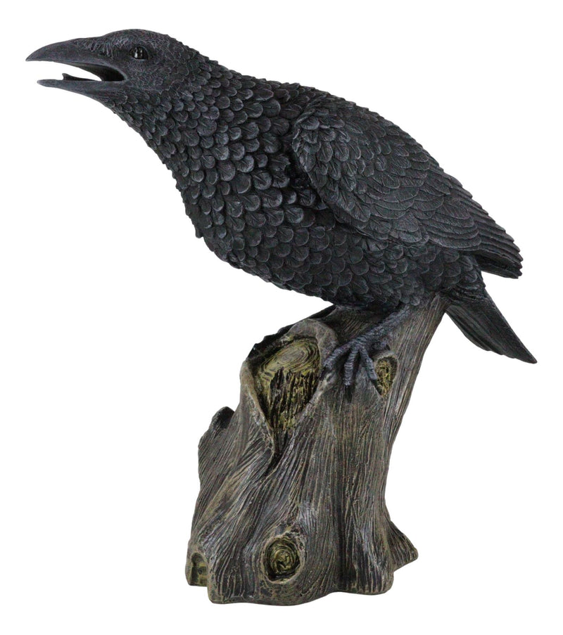 Ebros Large 14" Long Gothic Raven Crow Perching On Tree Stump Statue Figurine