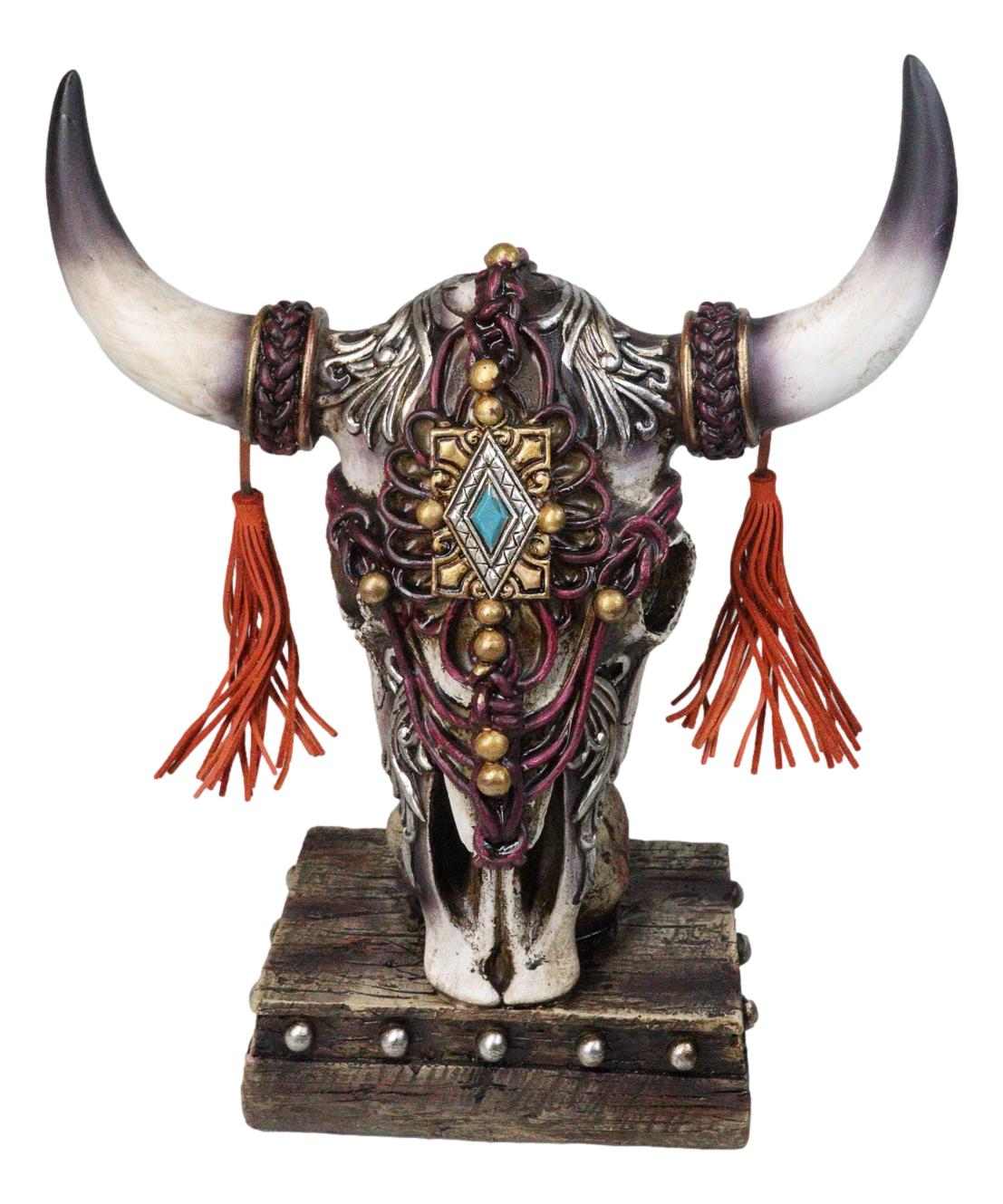 Rustic Western Cow Skull Turquoise Diamond Scrollwork Tassels Trophy Figurine
