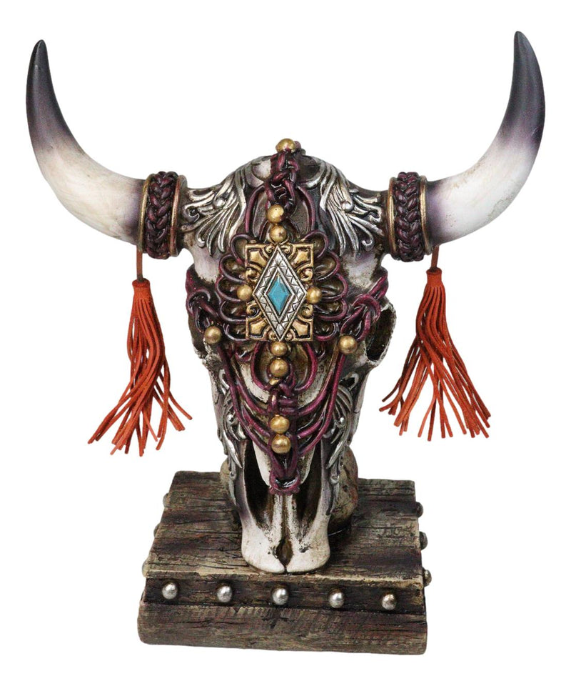 Rustic Western Cow Skull Turquoise Diamond Scrollwork Tassels Trophy Figurine