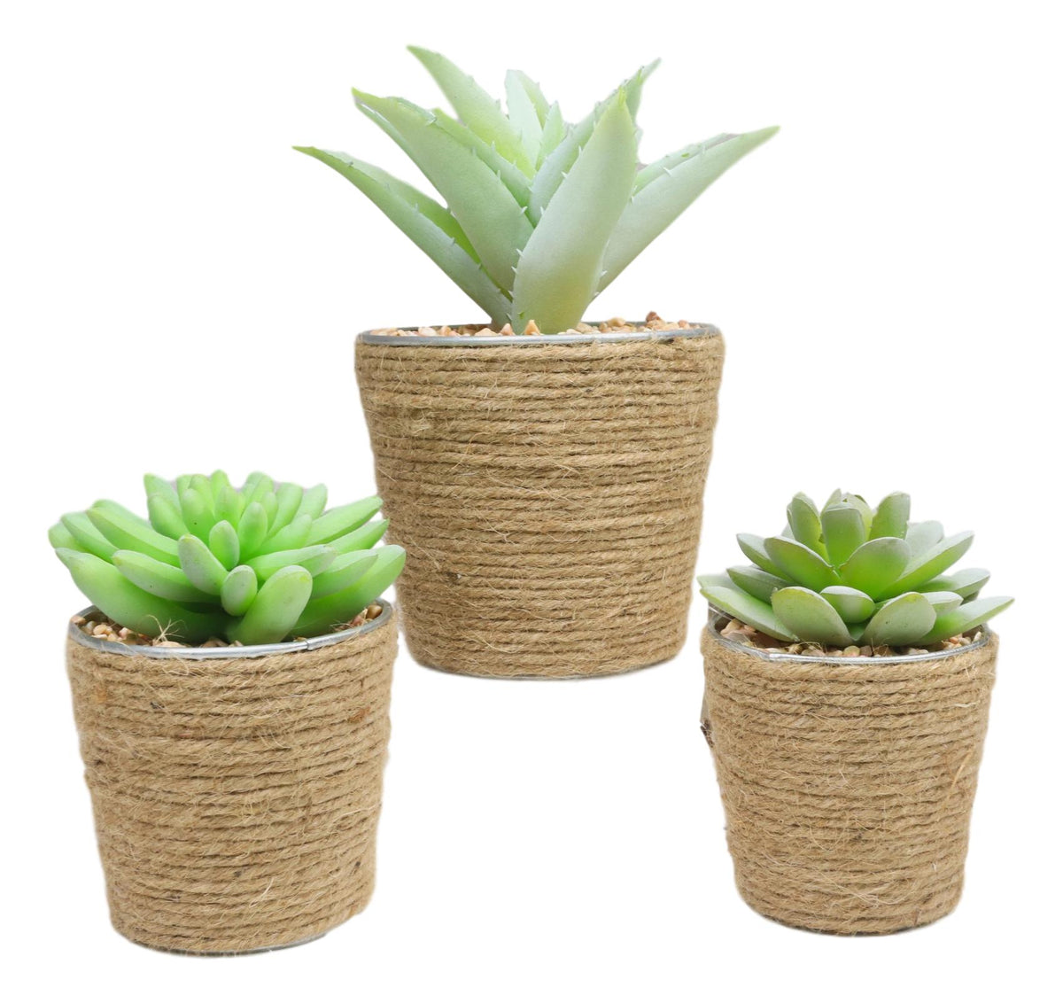 Set Of 3 Realistic Artificial Botanica Plant Succulents In Jute Wrapped Tin Pots