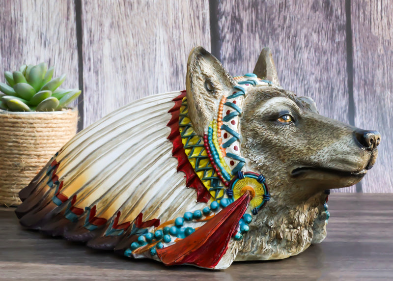 Rustic Gray Wolf With Indian Chief Headdress Piggy Coin Money Bank Jar Figurine