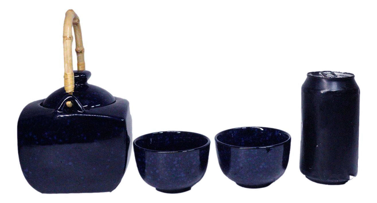 Speckled Navy Blue Zen Fusion Reactive Glaze 32oz Teapot With 2 Tea Cups Set