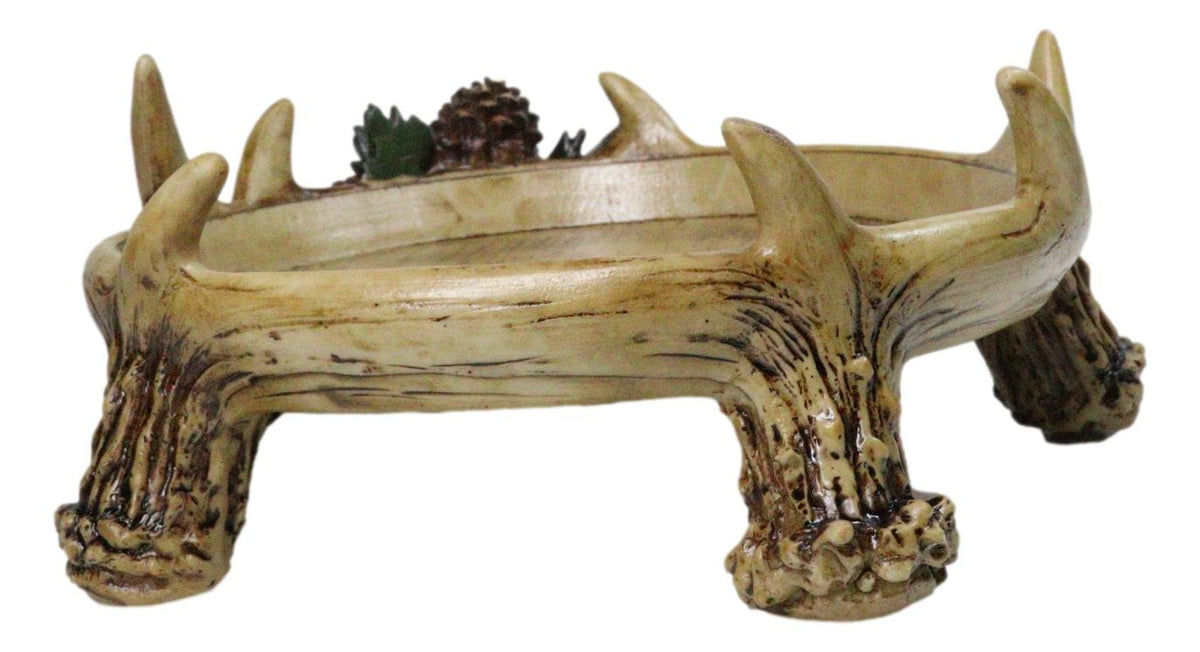 Rustic Deer Antler Tray Dish with Pinecones Woodland Decorative Catchall Bowl