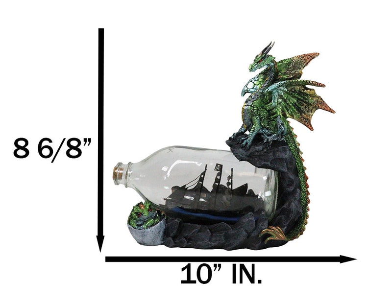 Green And Gold Dragon On Rock Cliff With Pirate Ship in Glass Bottle Figurine