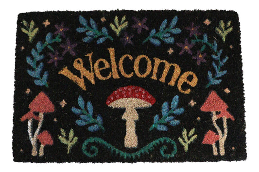 Welcome Mushrooms and Herbs Botanica Black Coir Coconut Fiber Floor Mat Doormat - Ebros Gift