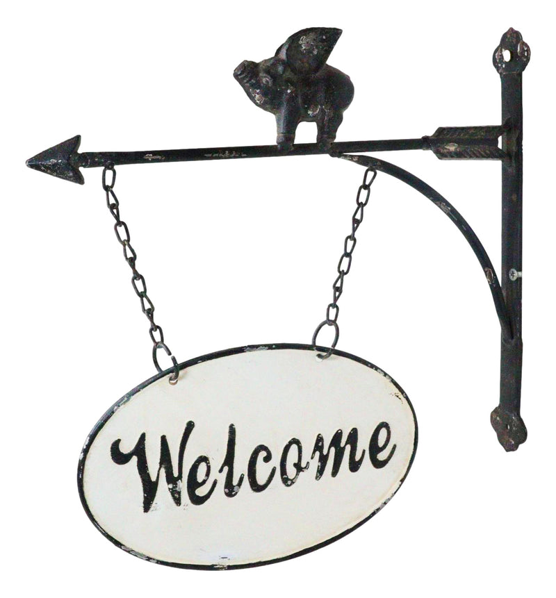 Cast Iron Rustic Farmhouse When Pigs Fly Angel Pig With Arrow Welcome Wall Sign