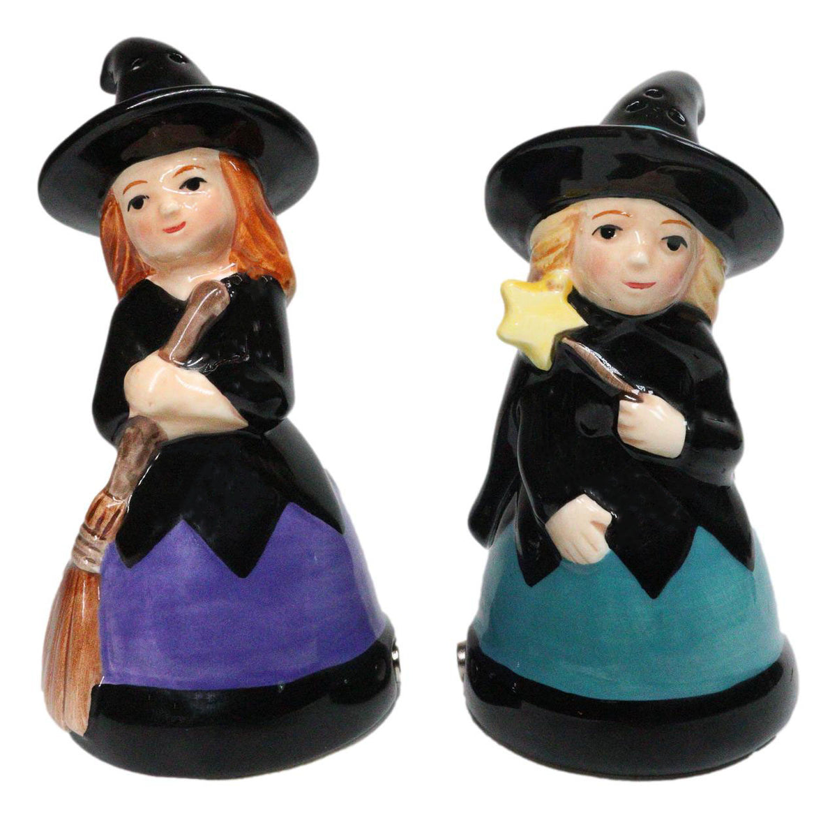Hocus Pocus Witches With Broomstick Magic Wand Ceramic Salt Pepper Shakers Set