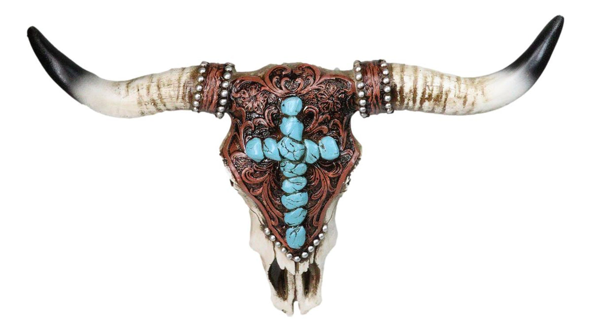 Southwest Steer Cow Skull With Turquoise Cross Tooled Leather Motif Wall Decor