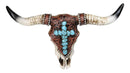 Southwest Steer Cow Skull With Turquoise Cross Tooled Leather Motif Wall Decor