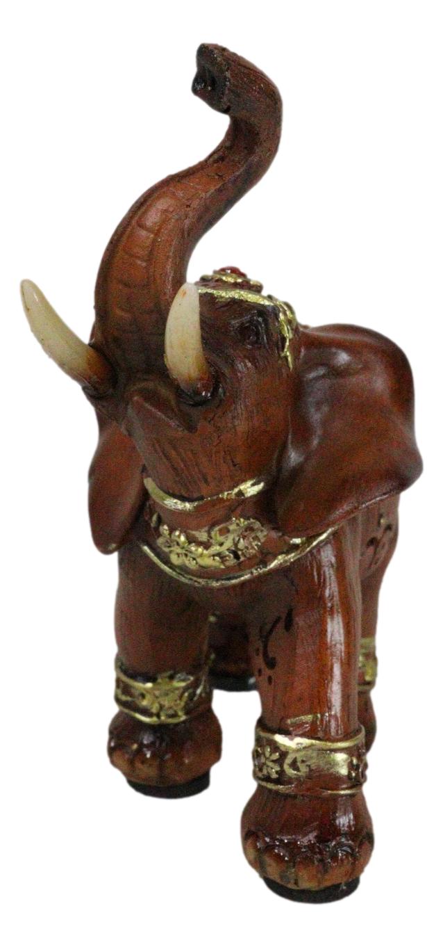 Feng Shui Faux Wood Right Facing Trunk Up Elephant With Golden Tapestry Figurine