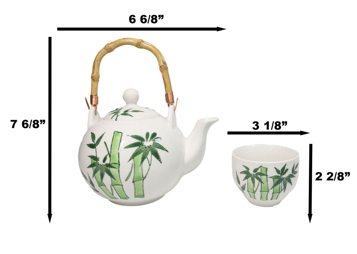 Green Bamboo Forest Porcelain 30oz Teapot With Bamboo Handle And 4 Tea Cups Set