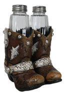 Rustic Western Silver Conchos Cowboy Boots With Spur Salt Pepper Shakers Holder