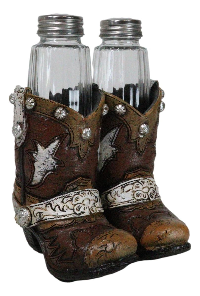 Rustic Western Silver Conchos Cowboy Boots With Spur Salt Pepper Shakers Holder