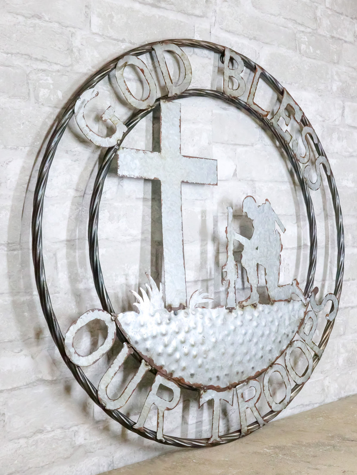 Large 24"D Rustic Western God Bless Our Troops Sign Metal Circle Wall Decor