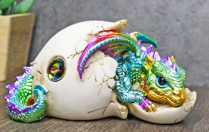 Oceanic Turquoise Green Iridescent Baby Dragon In Egg Shell With Gem Figurine