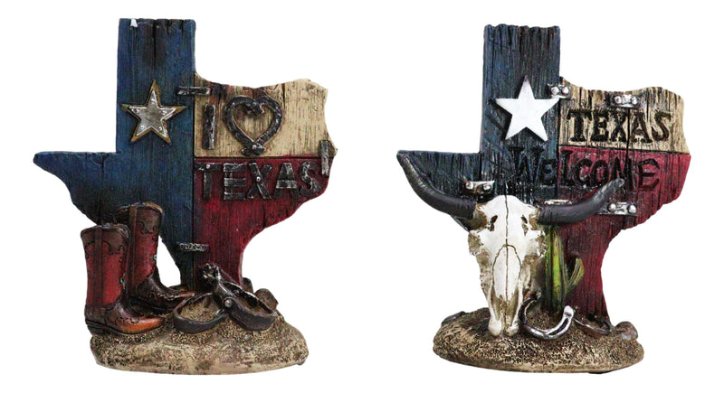 Set Of 2 Western Texas Map Cowboy Boots Cow Skull Horseshoe Cactus Figurines