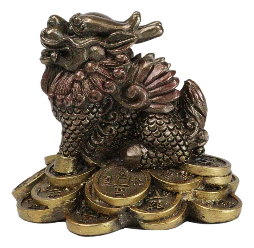 Feng Shui Fortune Money Dragon Chi Lin Yang Energy Gold Coins Charm Figurine - Ebros Gift