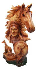 Faux Wood Horse & Native American Chief Figurine Western Tribal Headdress