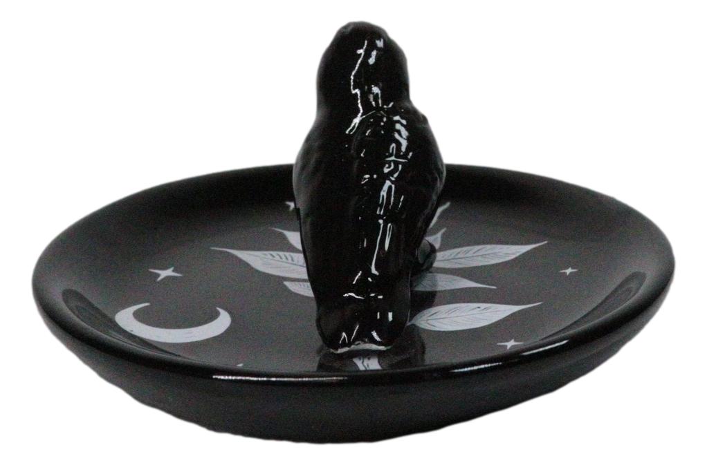 Wicca Gothic Mystic Raven Crow With Crescent Moon Ceramic Trinket Jewelry Dish