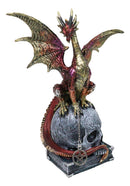 Metallic Red And Gold Dragon On Oversized Witch Skull With Pentagram Figurine