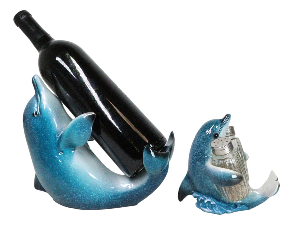 Set Of 2 Ocean Marine Dolphin Fish Wine Bottle And Salt Pepper Shakers Holders - Ebros Gift