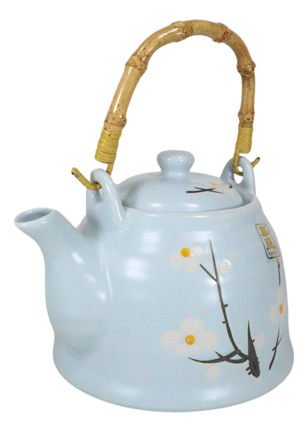 Japanese Sakura Cherry Blossom Branches Pastel Blue Ceramic Tea Pot Teapot 36oz - Ebros Gift