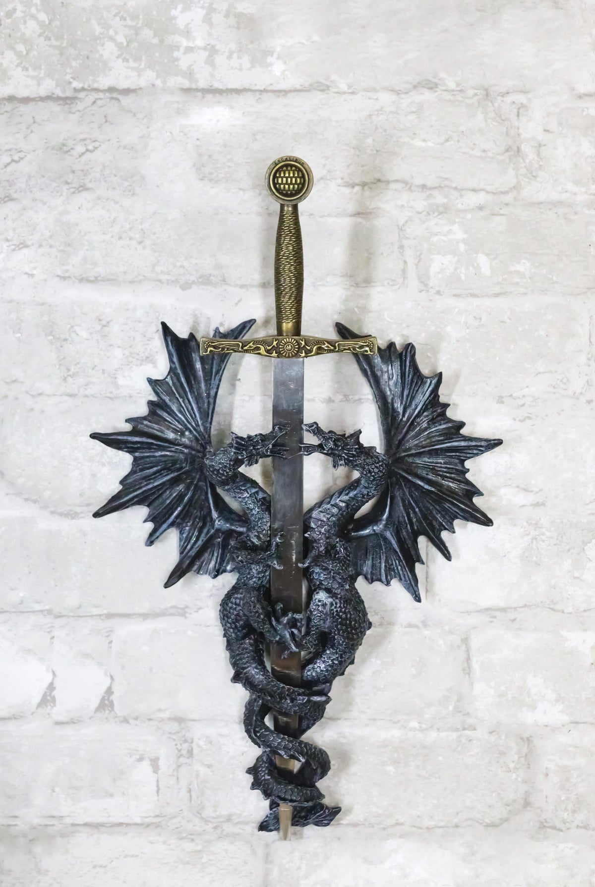 Gothic Fantasy Double Dragon Wall Decor Plaque With Medieval Sword 14" Tall