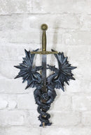 Gothic Fantasy Double Dragon Wall Decor Plaque With Medieval Sword 14" Tall
