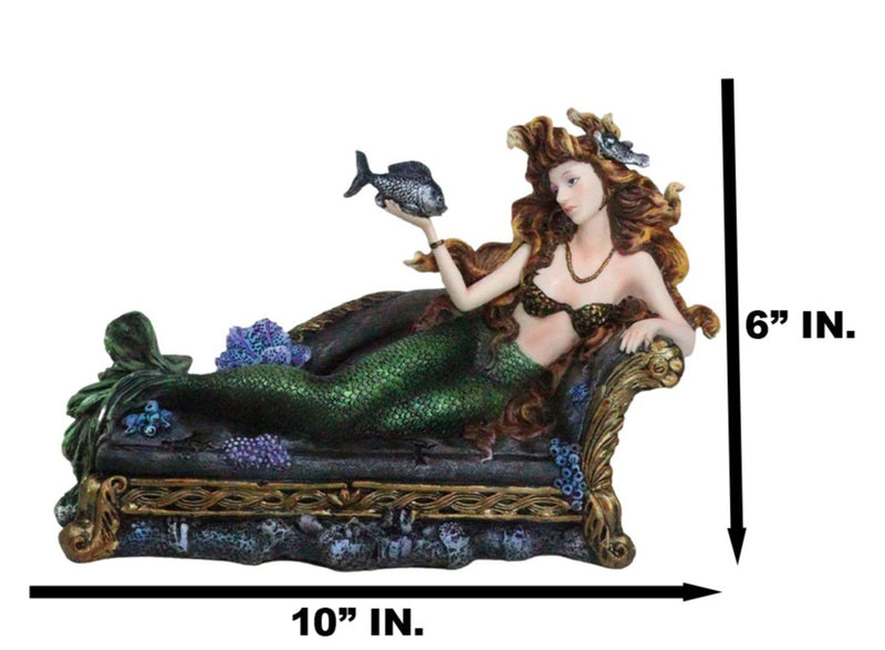 Queen Of Atlantis Siren Mermaid With Fish Resting On Sea Lounge Chair Figurine