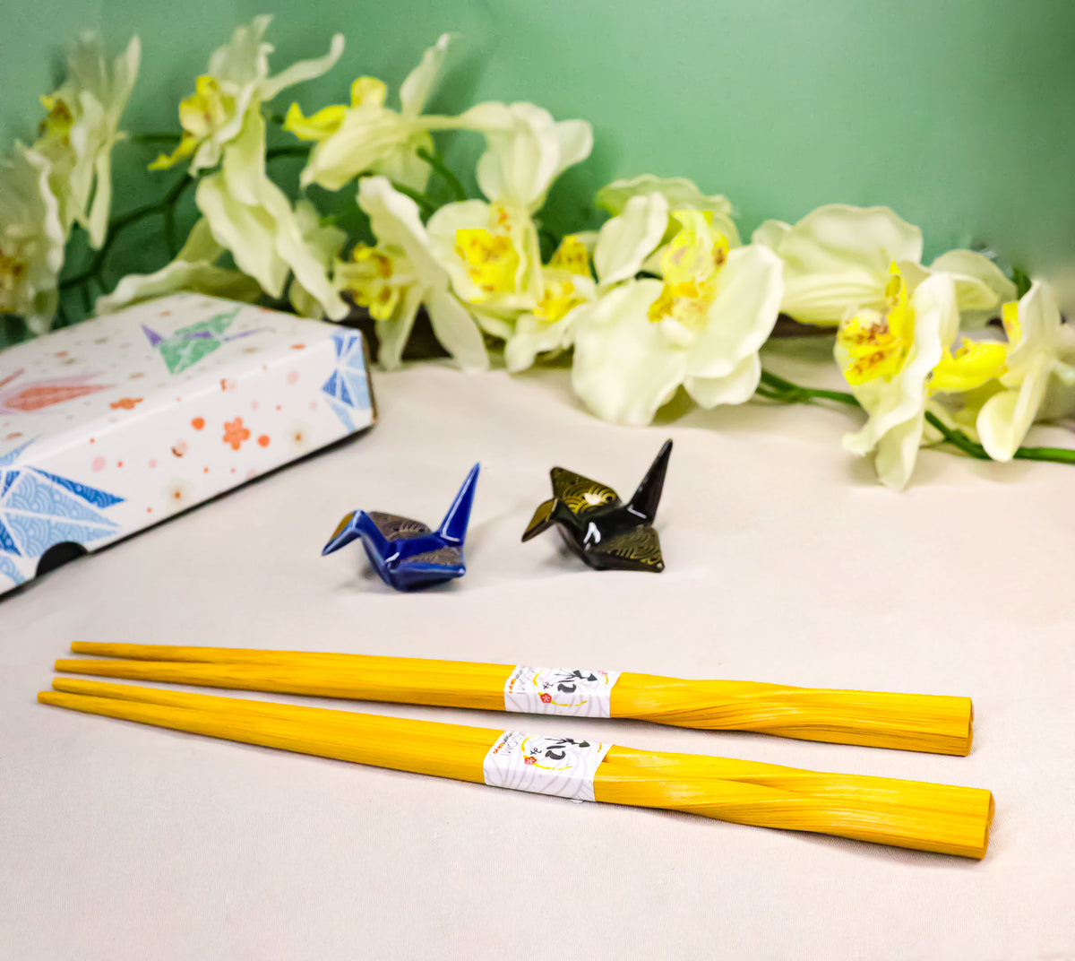 Blue And Black Seigaiha Artful Cranes Set of 2 Chopsticks And Ceramic Rests Set
