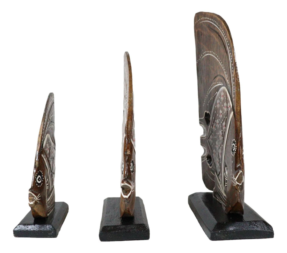 Balinese Wood Handicrafts Tropical Floral Angel Fish Family Set of 3 Figurines