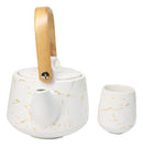 White Marble Vein Porcelain 22oz Teapot And 2 Tea Cups With Bamboo Tray Set