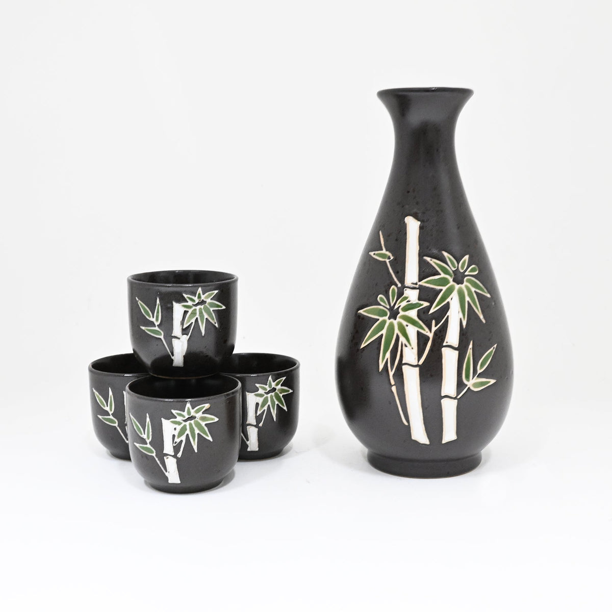 Charcoal Grey Bamboo Forest Porcelain Sake Carafe Flask And 4 Ochoko Cups Set