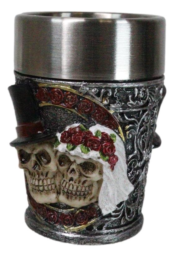 Pack of 4 Gothic Love Never Dies Skeleton Bride And Groom Shooter Shot Glasses - Ebros Gift
