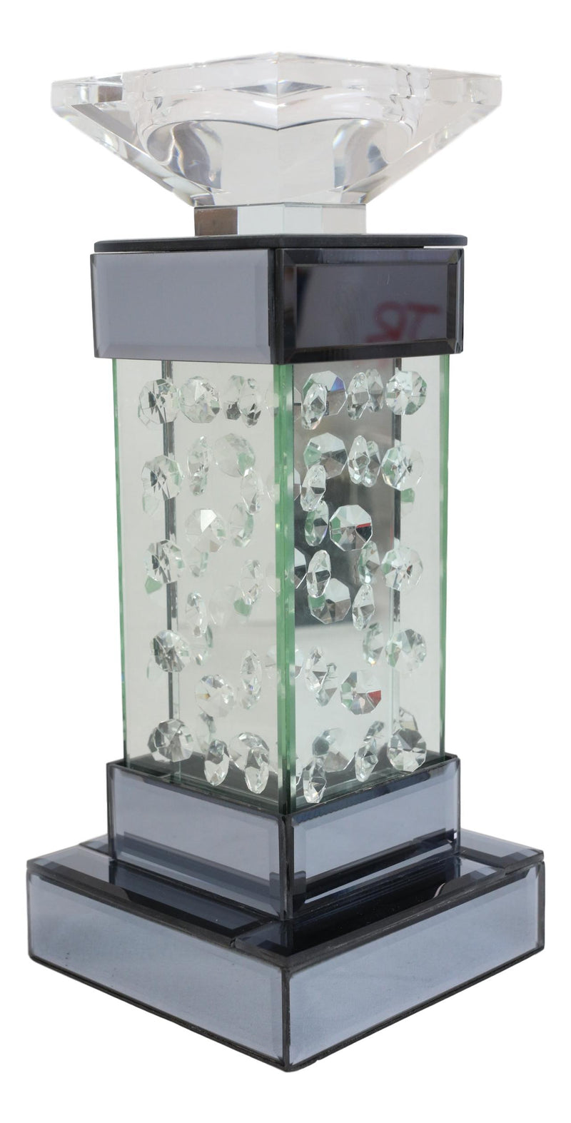 Modern Chic Beveled Floating Crystals Glass and Metal Pillar Candle Holder 11"H