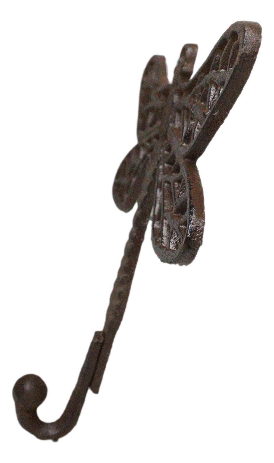 Set Of 2 Rustic Cast Iron Dragonfly with Scrollwork Filigree Wings Wall Hooks - Ebros Gift