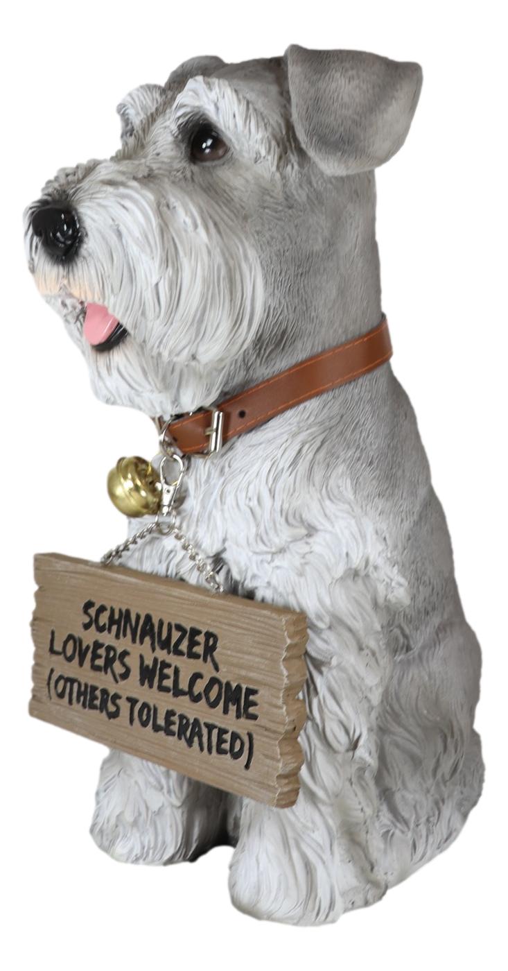 Adorable Grey Schnauzer Dog Sitting With Jingle Collar Greetings Sign Statue - Ebros Gift