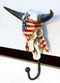Western Star Patriotic American Flag Cow Skull With Feathers Single Wall Hook