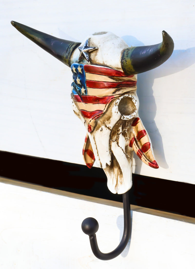 Western Star Patriotic American Flag Cow Skull With Feathers Single Wall Hook