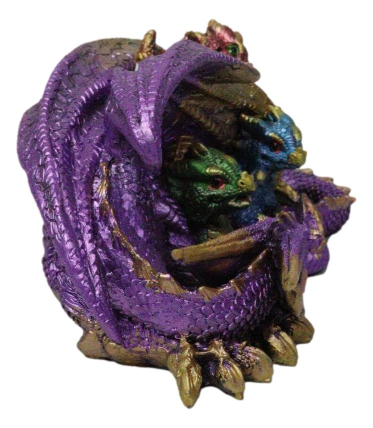 Magic Purple Mother Dragon Protecting Her Colorful Hatchling Babies Figurine