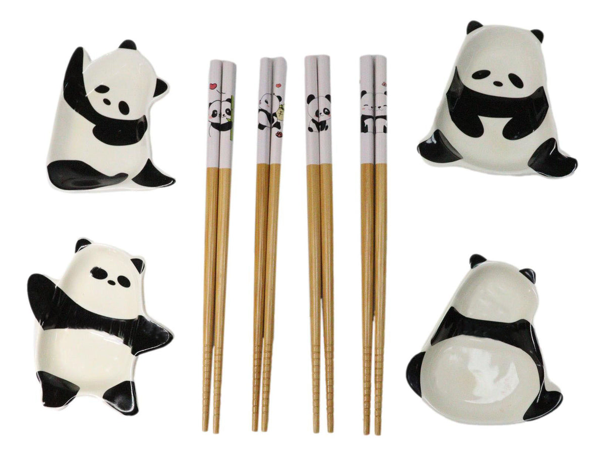 Happy Panda Bears Ceramic Sauce Dishes Chopsticks And Rests Sushi Set For 2