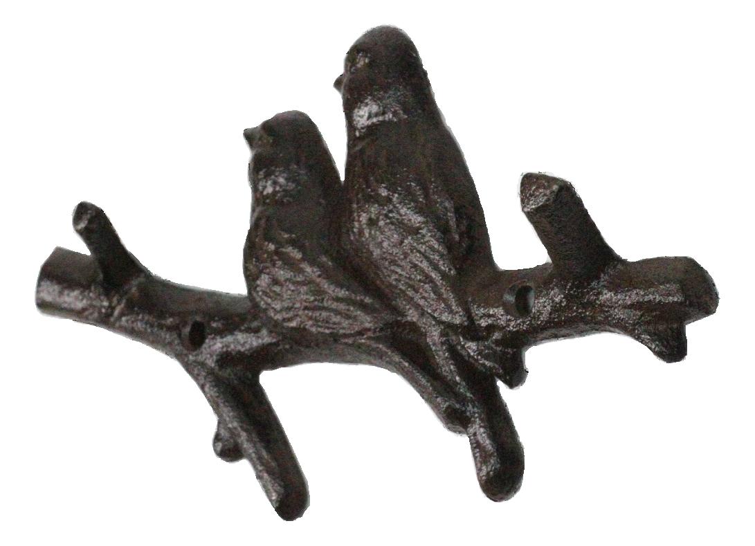 Set of 2 Cast Iron Rustic 2 Lovebirds Perching On Branch 2-Pegs Wall Hooks